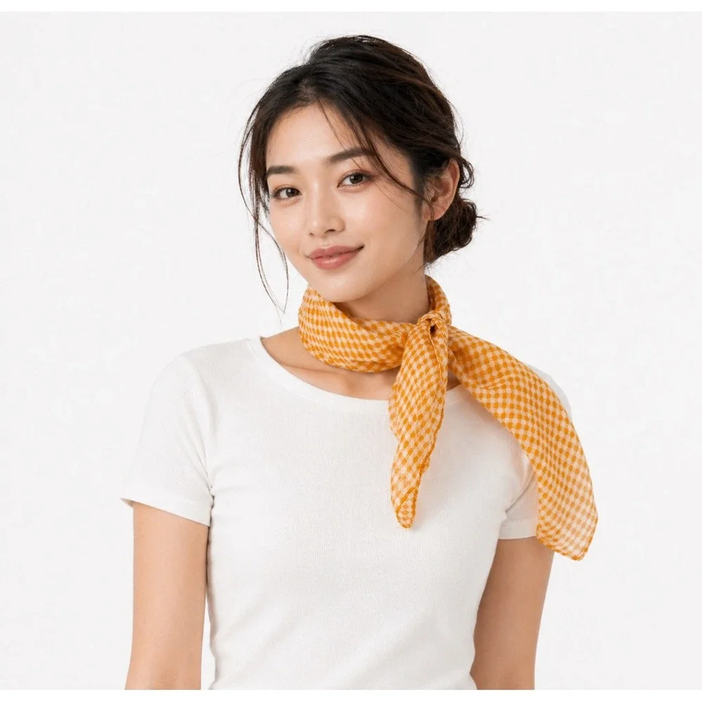 Vintage 100% Pure Silk Orange Houndstooth Square Scarf Neckerchief Preppy 105-31